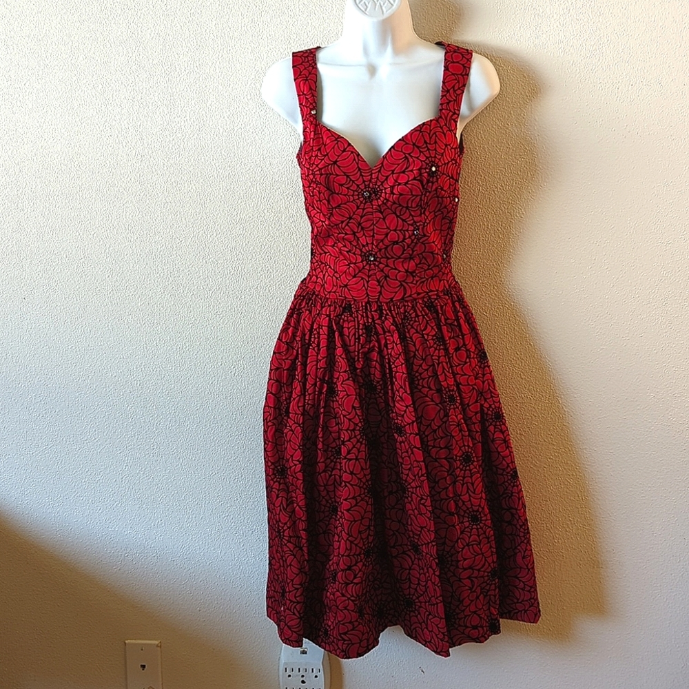 Pinup Couture Aurora Dress in Red with Flocked Black Spider Web
